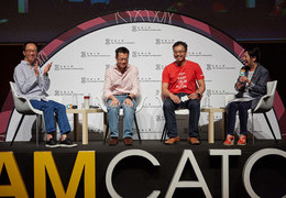 Panel speakers of the opening plenary: (left to right) Mr Antony Leung (梁錦松) , CEO, Nan Fung Group; Mr Leong Cheung (張亮), Executive Director, Charities and Community, The Hong Kong Jockey Club; Mr Jason Chiu (趙子翹), CEO, The Cherrypicks; and moderator Professor Bernadette Tsui.
